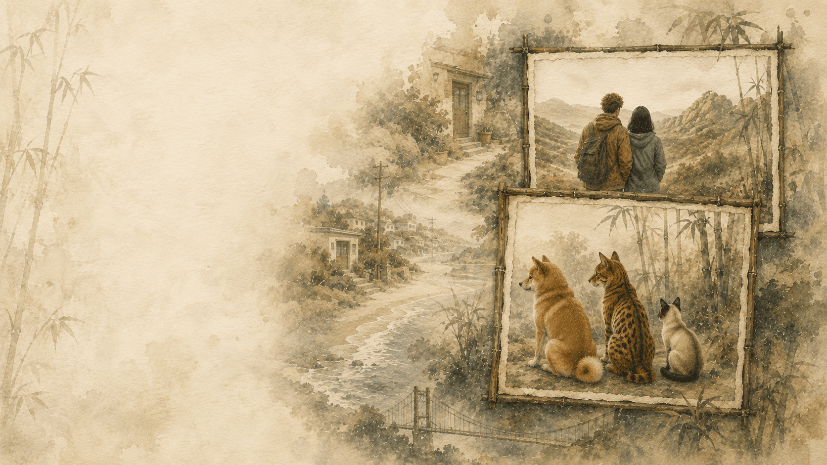 Two framed watercolor memories of JJ and Jason, and Kit, Bear, and Kuma